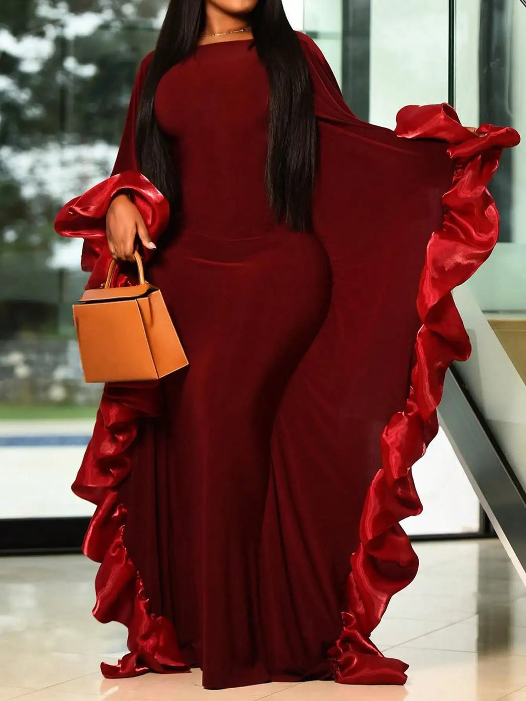 Burgundy Solid Asymmetrical Ruffle Sleeve Evening Gown with Pleated Detail