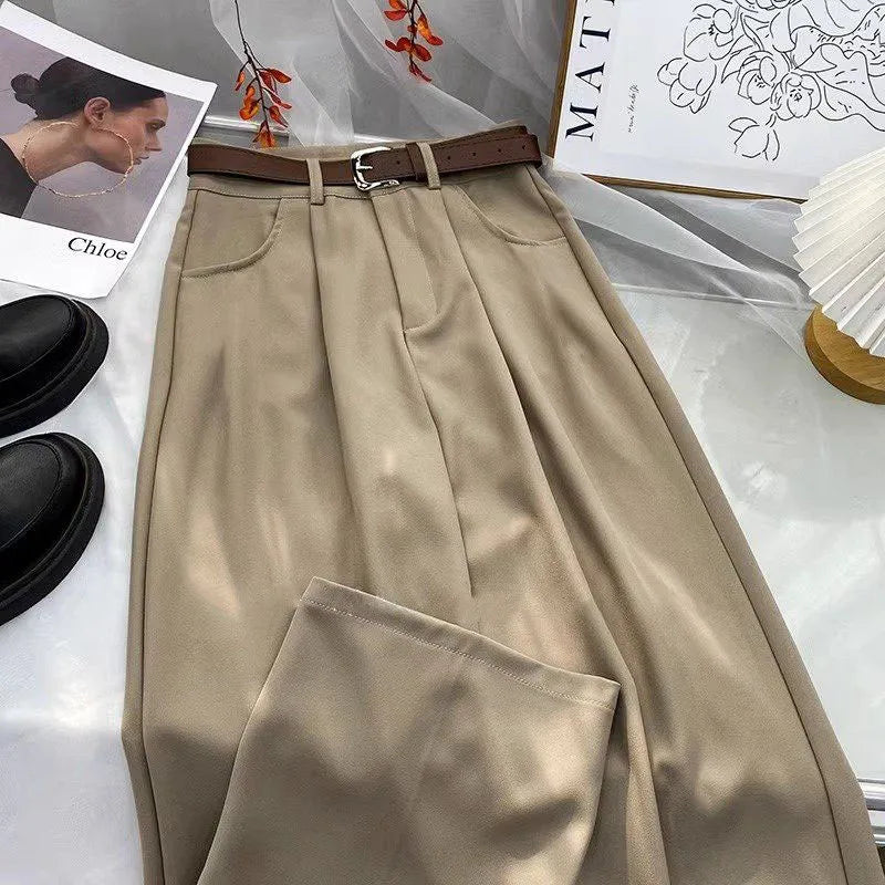 Women's High Waist Belt Wide-Leg Trousers – Solid Color Baggy Office Pants