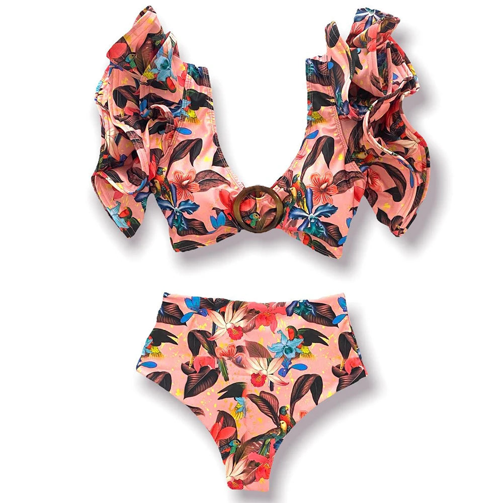 2025 New Sexy High Waist Bikini Sets Ruffle Swimwear Women Swimsuit Print Floral Dots V-neck Beach Wear Bathing Suits Biquini