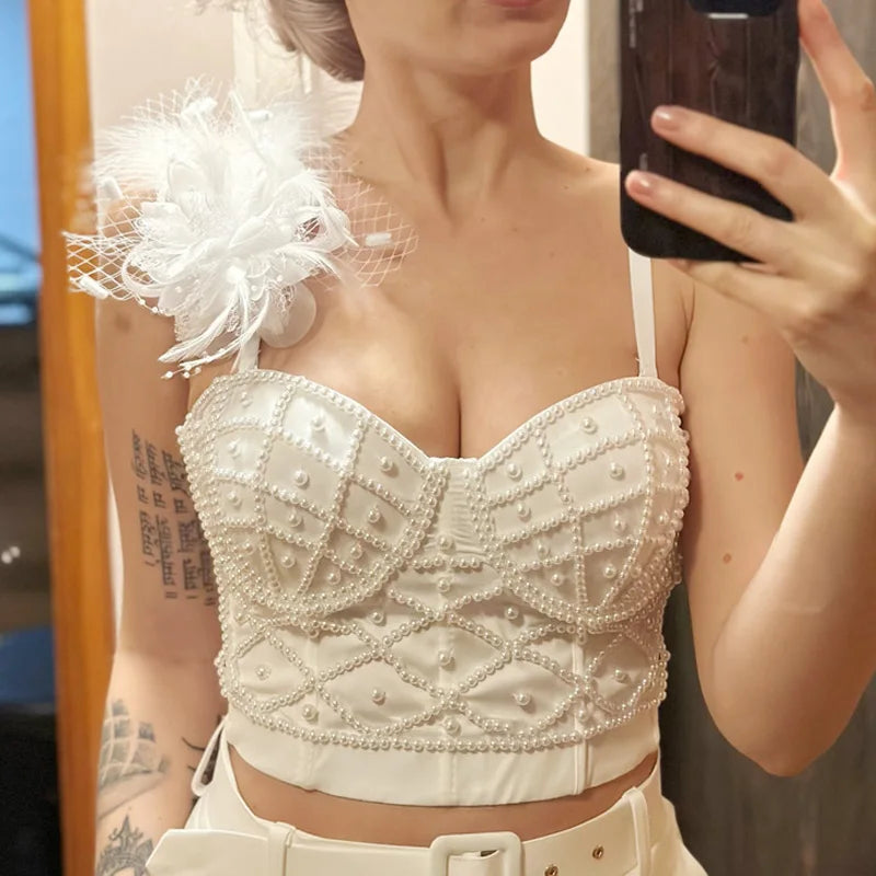 Women's Pearl Beaded Corset Cami Top — Sexy Push-Up Tube Bra