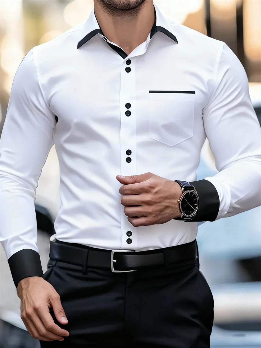 Men's Business Color Block Collar Long Sleeve Shirt, Slim Fit, Wrinkle-Free, Black and White Patchwork Shirt, Men's Fashion Top