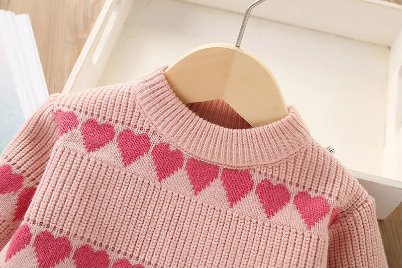 Girls' sweater set for autumn and winter, new western-style children's heart-shaped long sleeved knitted top+short skirt two-pie