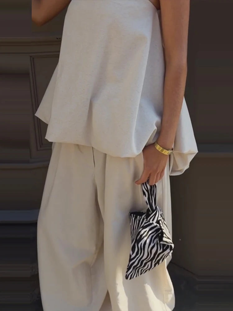 Women's Strapless Pleated Top & Loose Lantern Pants Set | Casual 2-Piece