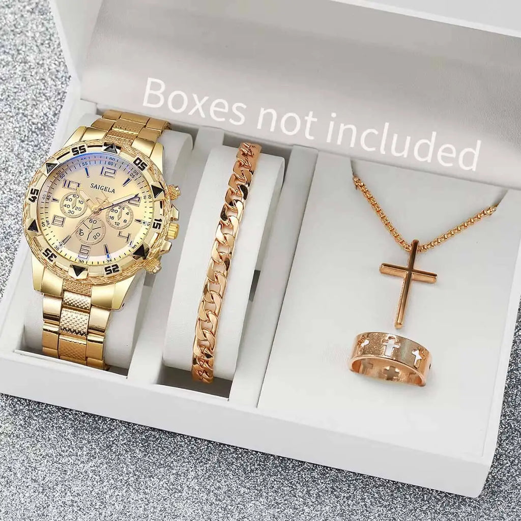 Men's 4-Piece Luxury Watch & Jewelry Set | Quartz Watch, Bracelet, Necklace & Ring