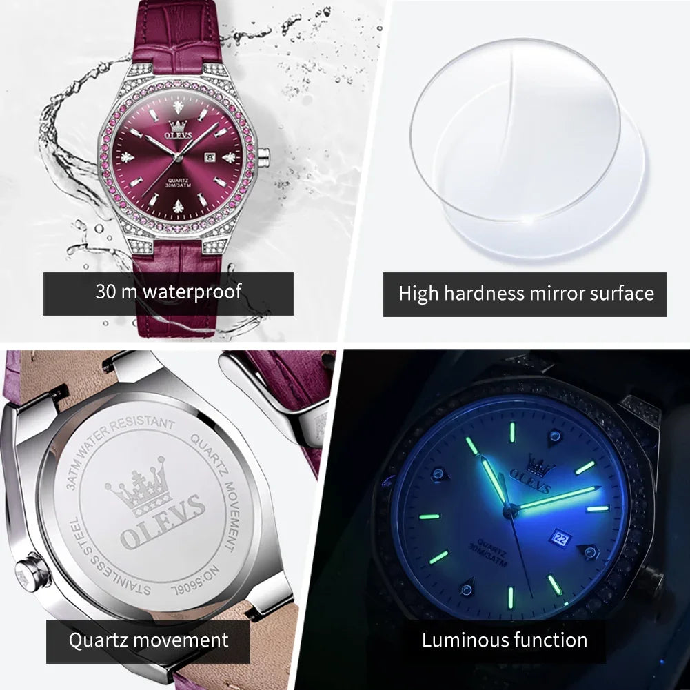 OLEVS 5606 Women's Luxury Diamond Quartz Watch – Leather Strap