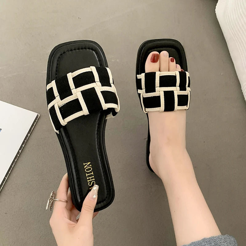 Women's Braided Roman Flat Slippers | Open-Toe Beach Sandals | Beige & Black | EU 35–40