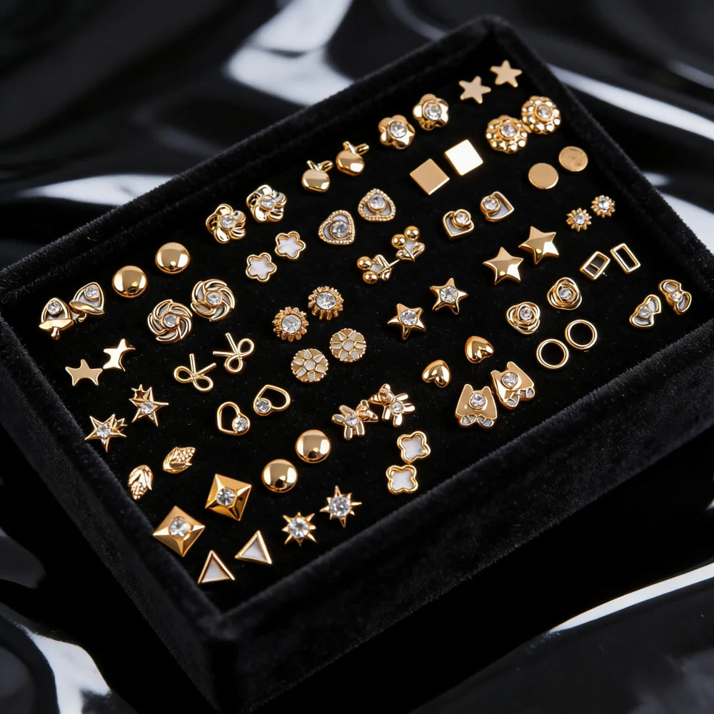 36-Pair Rhinestone Stud Earrings Set | Mixed Geometric Styles for Women