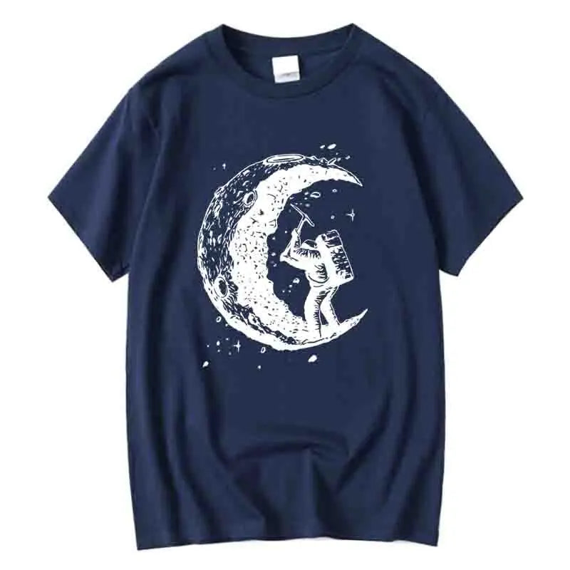 Men's Moon Print Casual T-Shirt — Breathable Cotton Blend Summer Tee