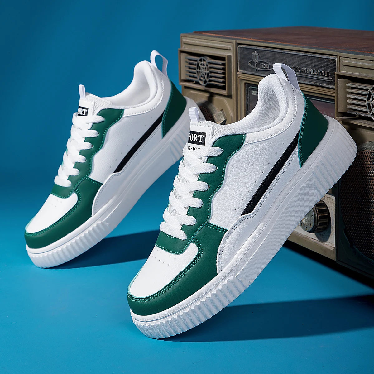 Men's Breathable White Sneakers — Non-Slip Thick Sole