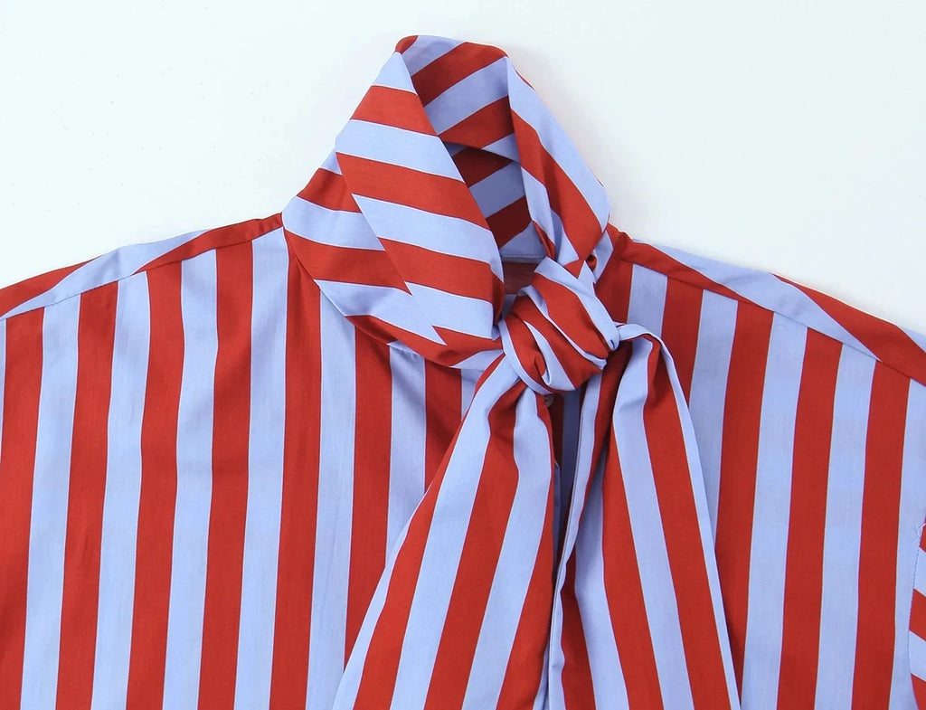 Women's Vintage Striped Bow Blouse — Long Sleeve Turn-Down Collar Loose Button-Down Top | XS–L