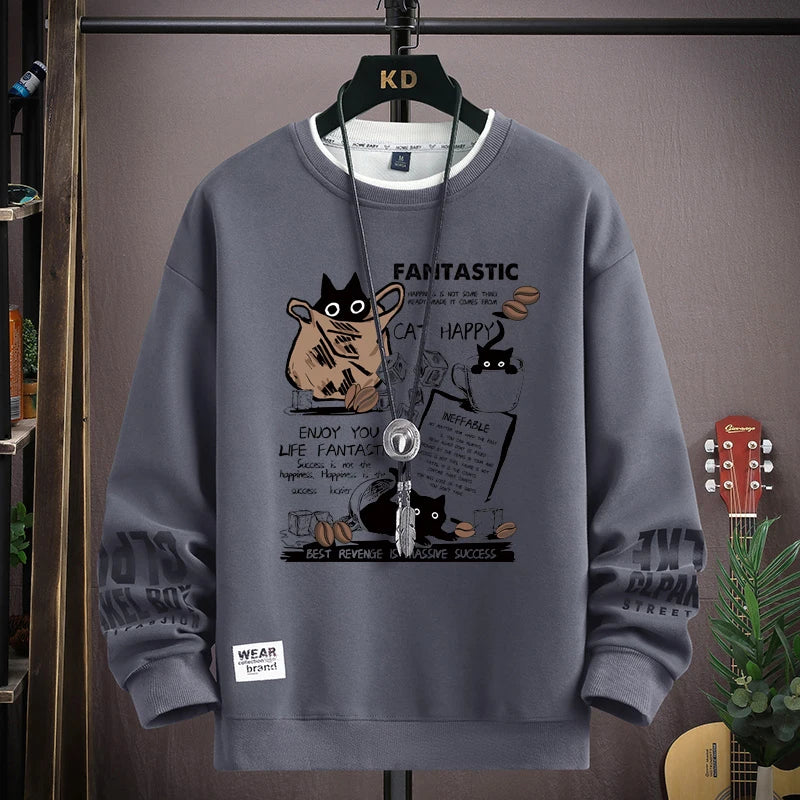 Oversized Cartoon Cat Sweatshirt — Harajuku Long Sleeve Pullover | Unisex S–5XL