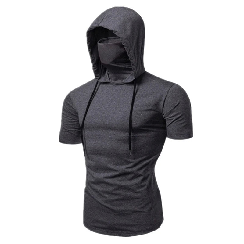 Mens Gym Thin Hoodie Short Sleeve Hoodies With Mask Sweatshirt Casual Splice Large Mask Hoodie Sweatshirt Hooded Tops Cycling