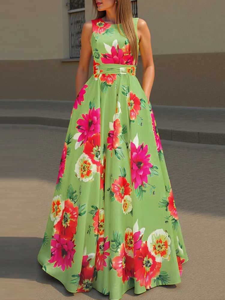 Women's Bohemian Floral Print Sleeveless Maxi Sundress – Loose Fit Summer Party Dress
