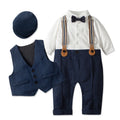 Newborn Baby Boy Formal Gentleman Romper Set – Vest, Hat, Bow & Strap Outfit