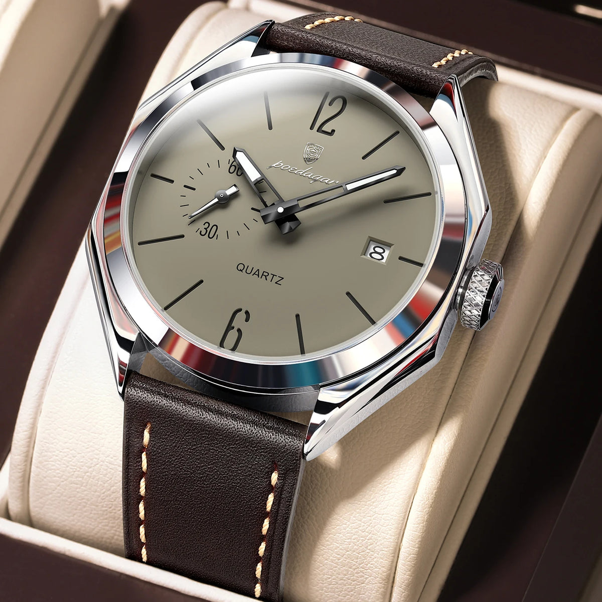 POEDAGAR Men's Leather Quartz Watch