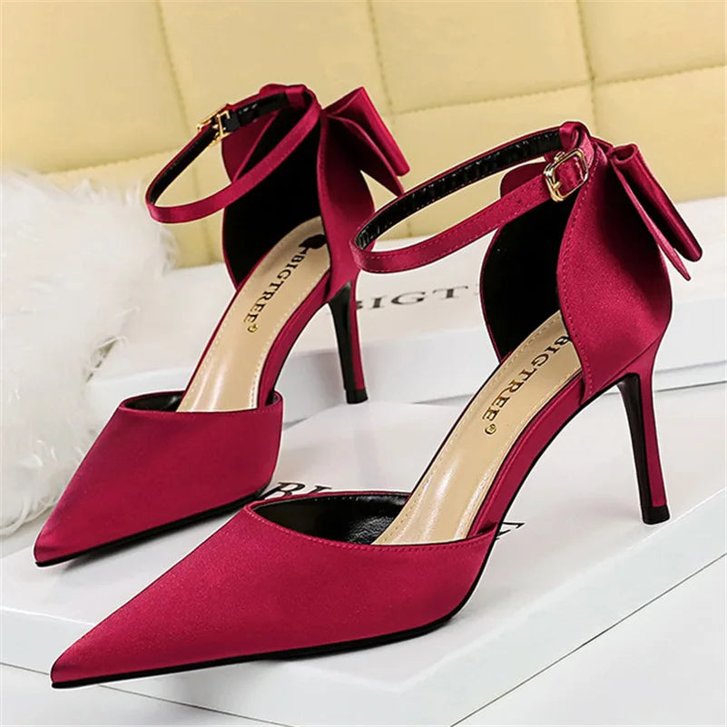 Women's High Heel Bow Sandals – Satin Ankle Strap Stiletto Heels 8cm & 10cm