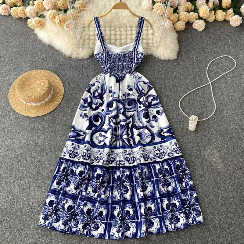 Women's Printed Maxi Dress – V-Neck Spaghetti Strap Beach Vacation Dress