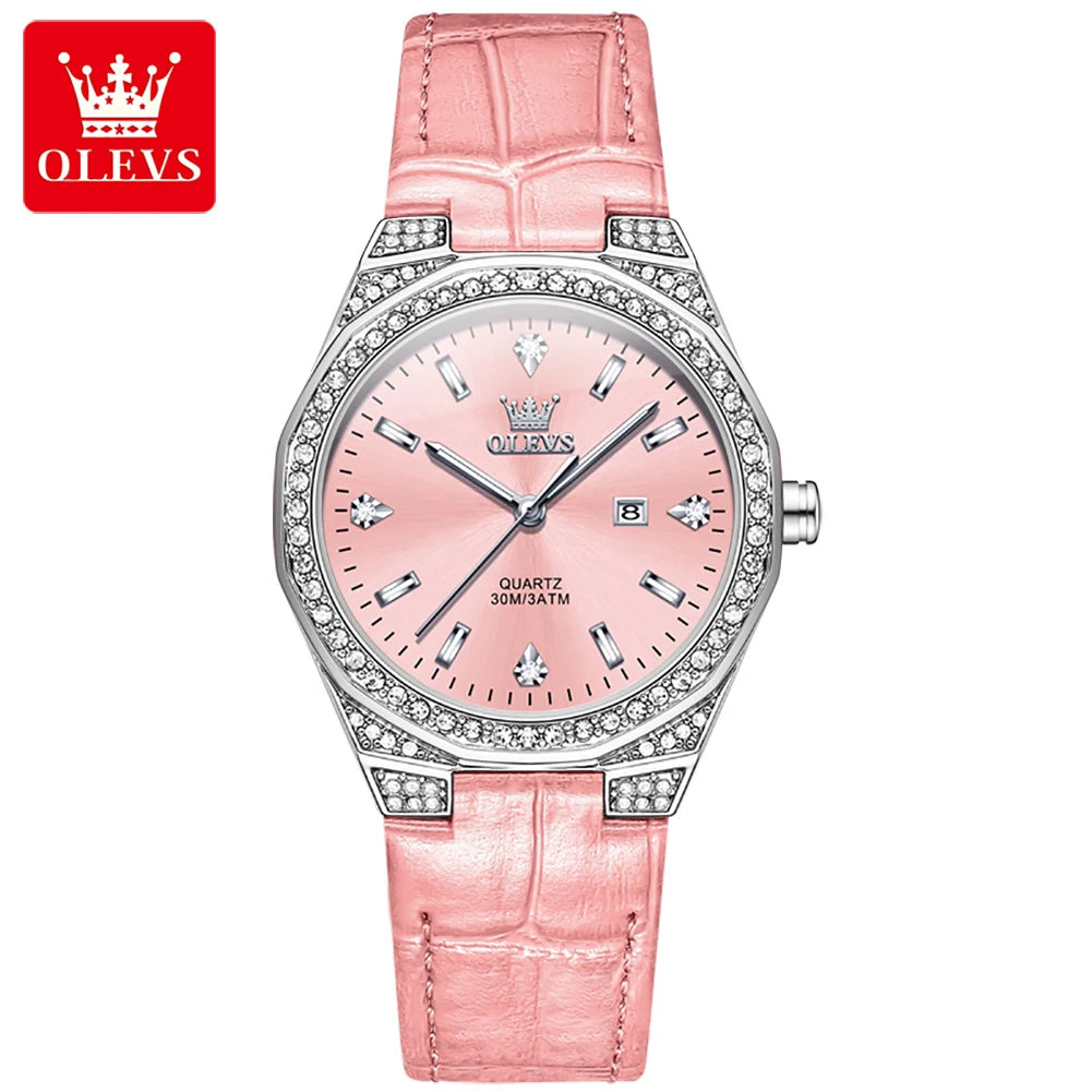 OLEVS 5606 Women's Luxury Diamond Quartz Watch – Leather Strap