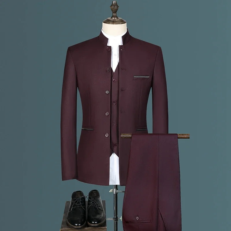 Stand Collar Men Blazer Pants Vest Business Men's Wedding Suit Jacket Coat Trousers Waistcoat High Quality Slim Vest Dress Set