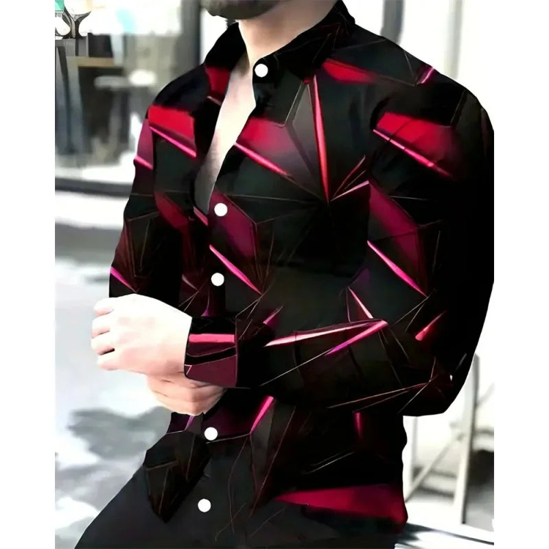 Simple Geometry Pattern Hawaiian Shirts For Men Colorful 3D Printed Aloha Shirts Casual Loose Long Sleeve Lapel Tops Blouses