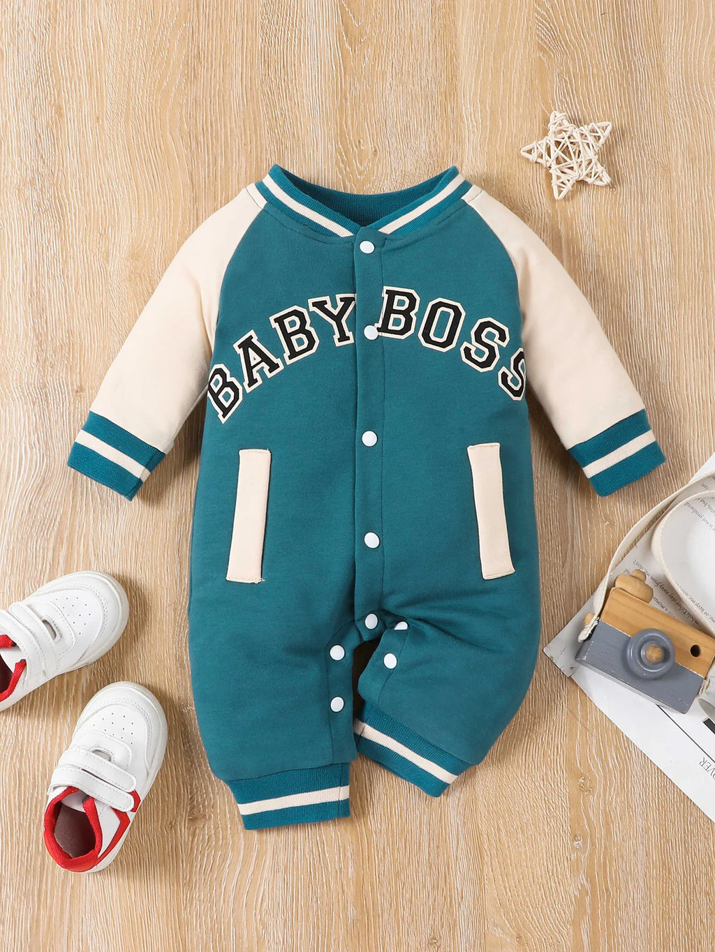 Baby Boy Long-Sleeve Romper — Letter Print Cotton Jumpsuit