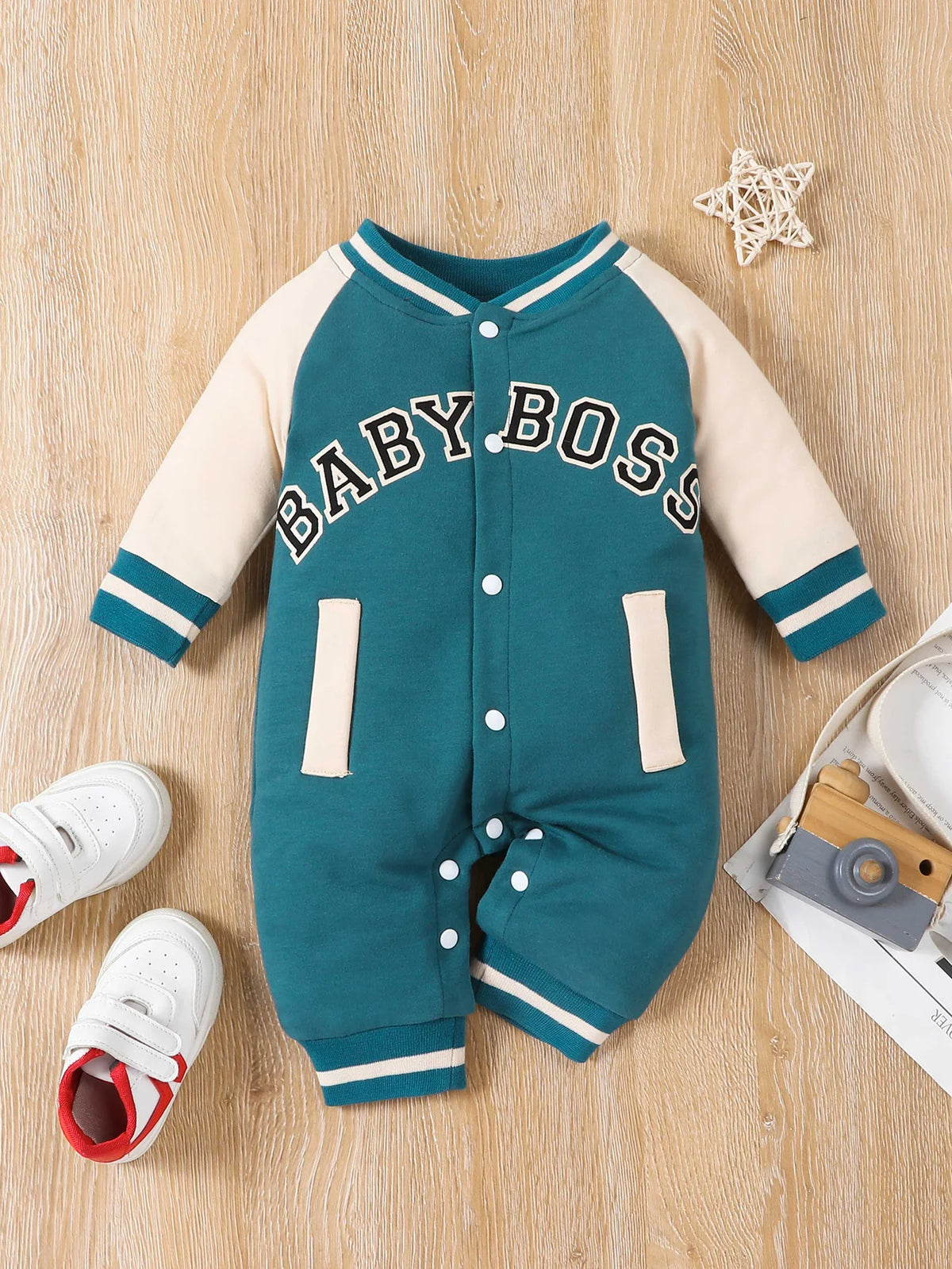 Baby Boy Long-Sleeve Romper — Letter Print Cotton Jumpsuit