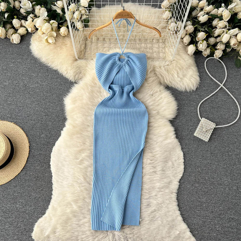 Women's Knit Bodycon Midi Dress — Sexy Slash Neck Split Streetwear