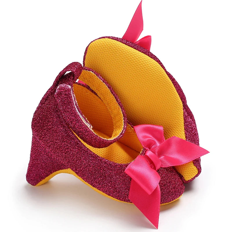 Princess Style Newborn Baby Girl Cute Shoes Solid Color Bow High Heels First Step Toddler Walk Party Dress Footwear