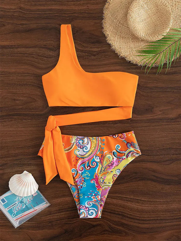 2025 New Push Up Single Shoulder Stripe Women Bikini Set High Cut Printed Bottom Padded Swimwear Summer Beachwear Bathing Suit