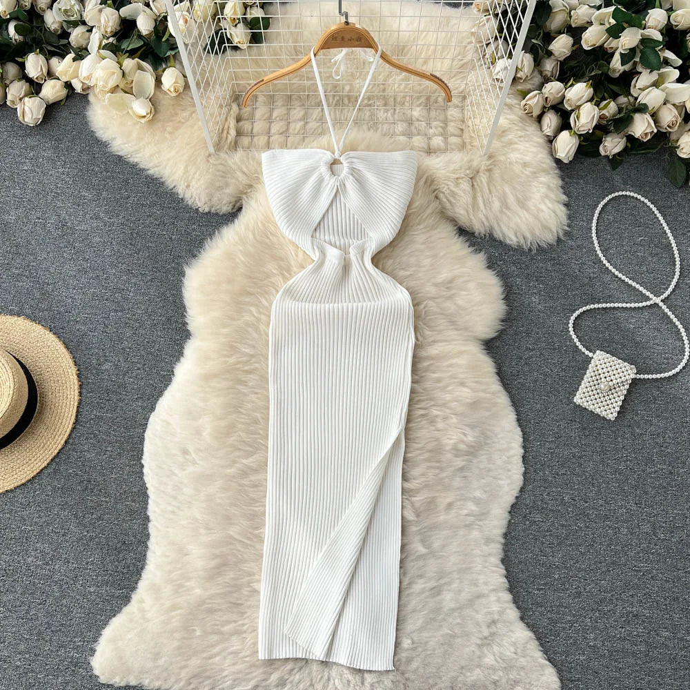 Women's Knit Bodycon Midi Dress — Sexy Slash Neck Split Streetwear
