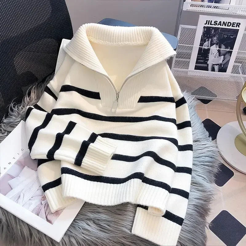 Women's Striped Zip Knit Pullover – Loose Fit Casual Sweater