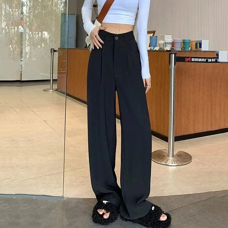 Women's High Waist Belt Wide-Leg Trousers – Solid Color Baggy Office Pants