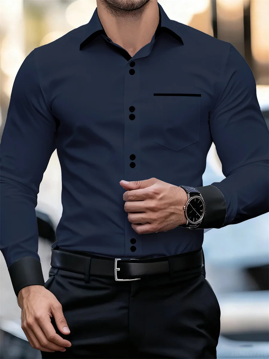 Men's Business Color Block Collar Long Sleeve Shirt, Slim Fit, Wrinkle-Free, Black and White Patchwork Shirt, Men's Fashion Top