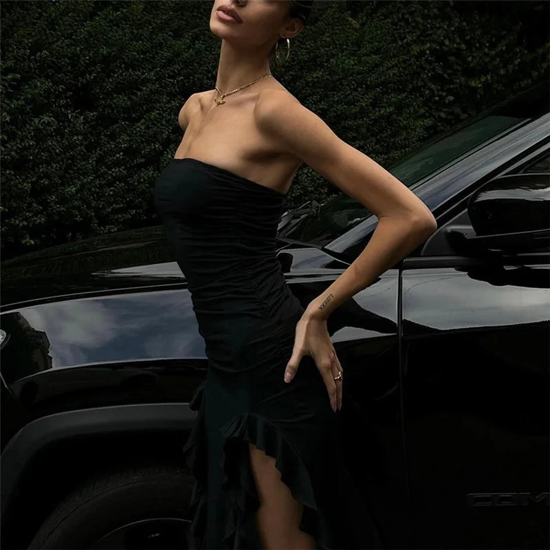 Women's Ruffle Off Shoulder Backless Ruched Midi Dress – Asymmetric Sexy Summer Dress