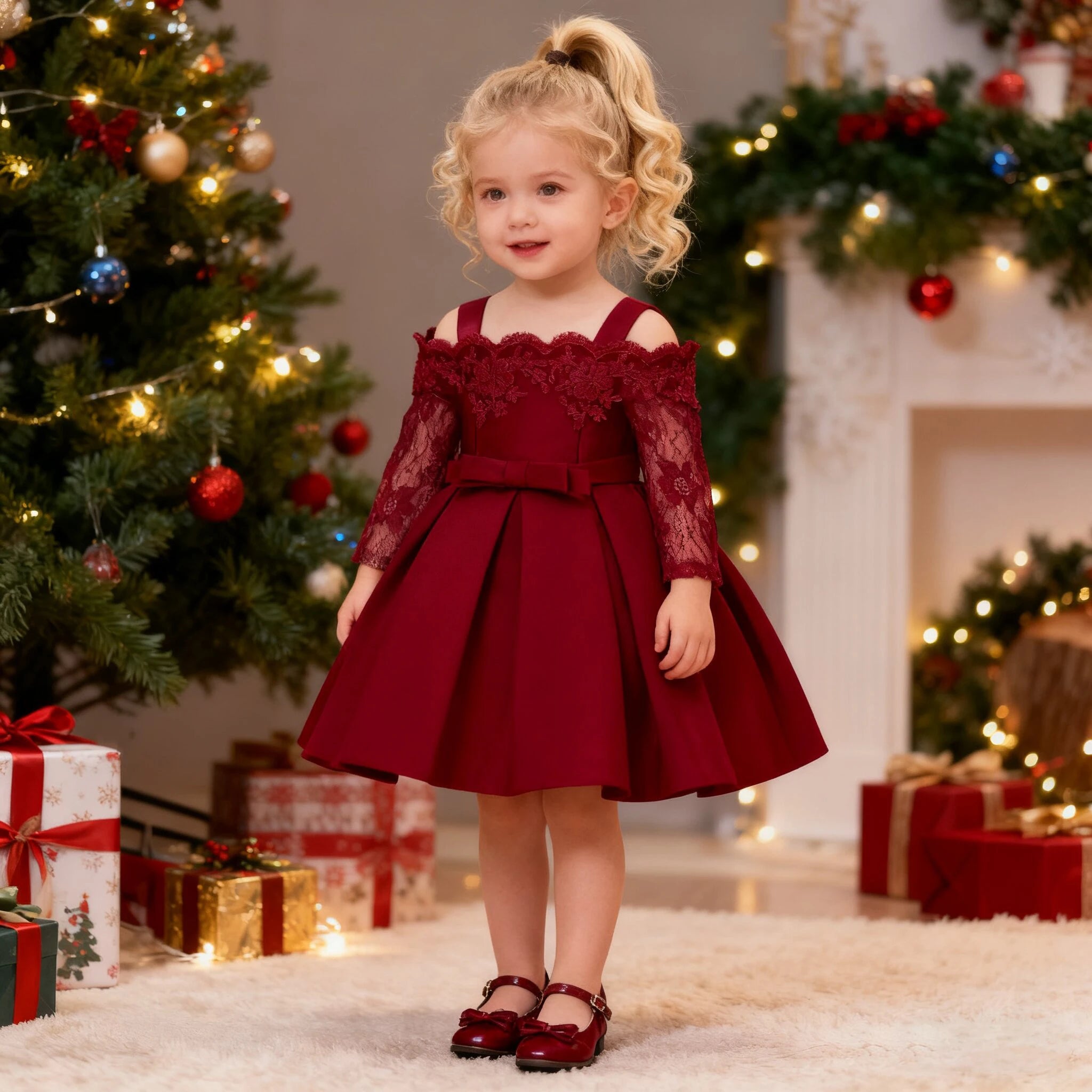 Toddler Baptism Party Baby Girls Dresses Long Sleeve 1st Birthday Princess Wedding Prom Dress Girl Lace Flower Chritsmas Costume