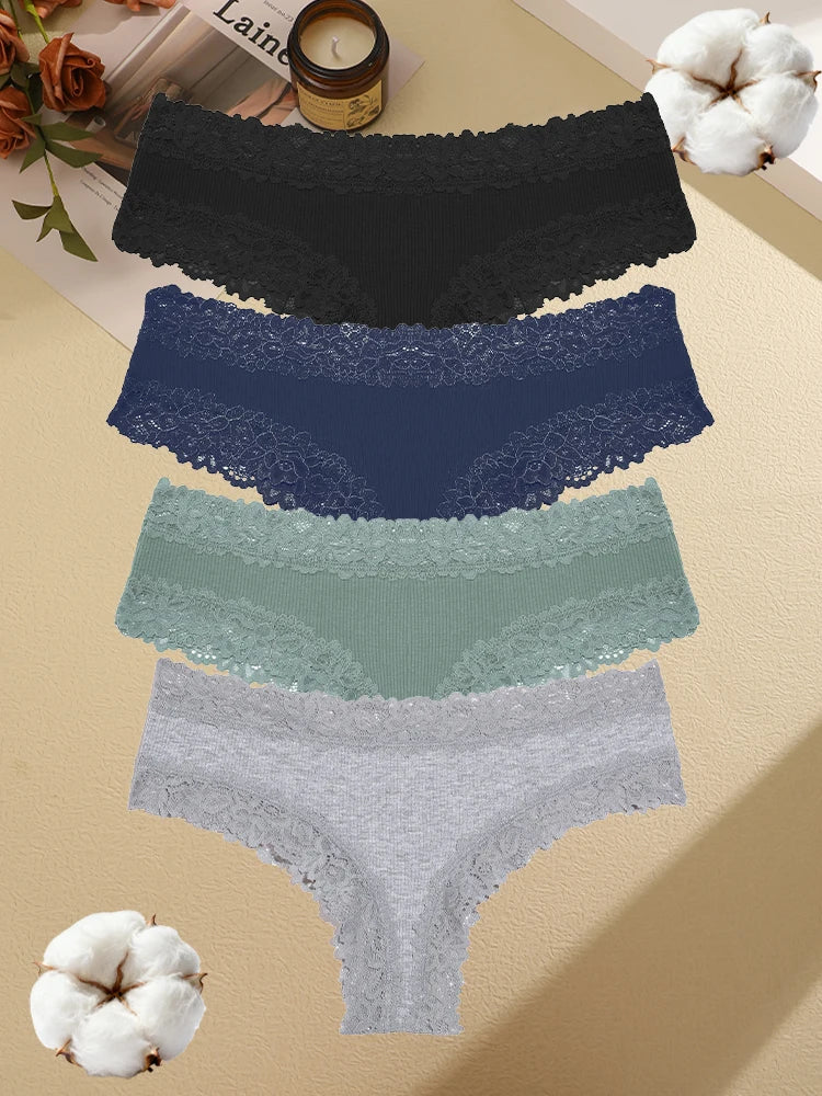 4PCS Seamless Cotton Fabric Panties For Women Sexy Lace Solid Color Brazilian Pants Female Soft Comfortable Bikini Underpants