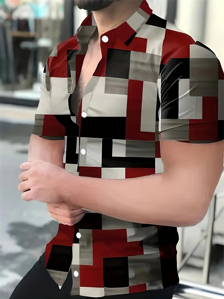 Summer Stripe Color Block 3D Printed Casual Office Shirt Mens Womens Casual Fashion Vintage Short Sleeve Shirt Mens Tops Shirt