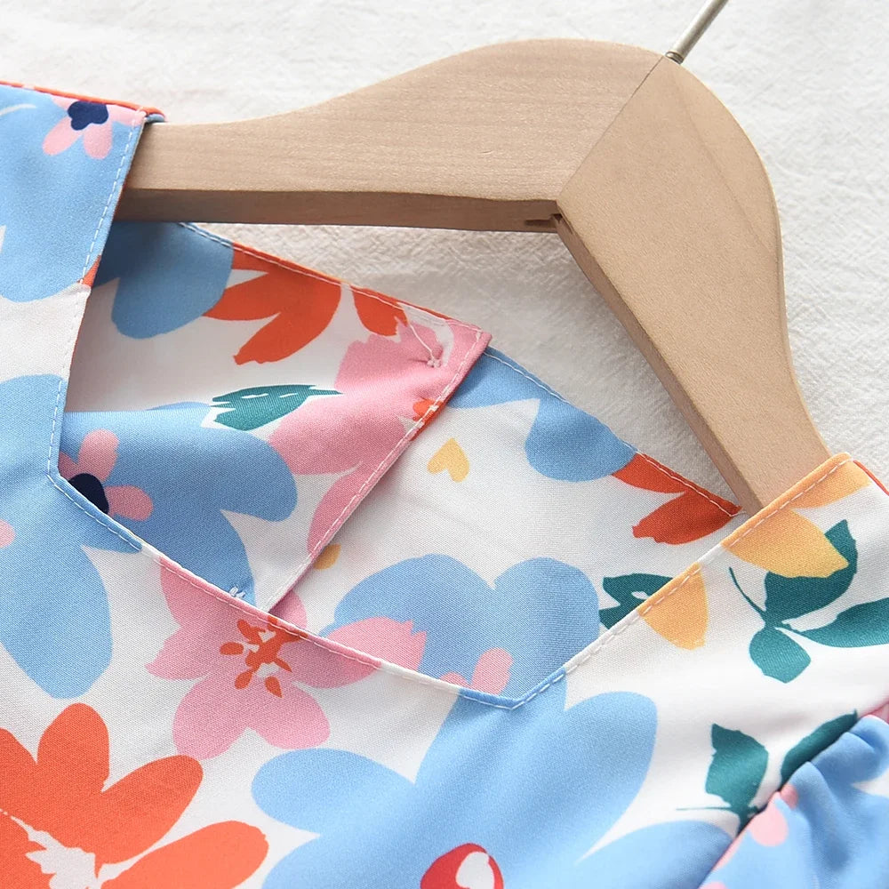 Summer New Fashionable Floral Countryside Style Dress for Baby Girls Colorful Floral Short Sleeved Dress for Girls Aged 3-7