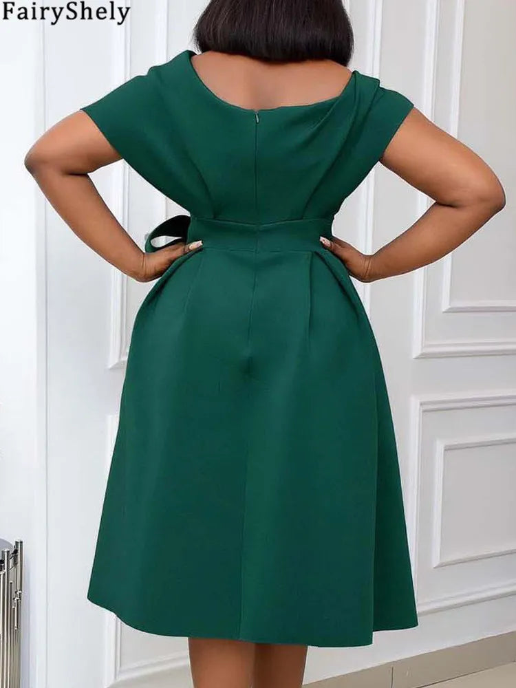 Women's Big Bow Puff Sleeve A-Line Midi Dress – V-Neck Summer Party Dress