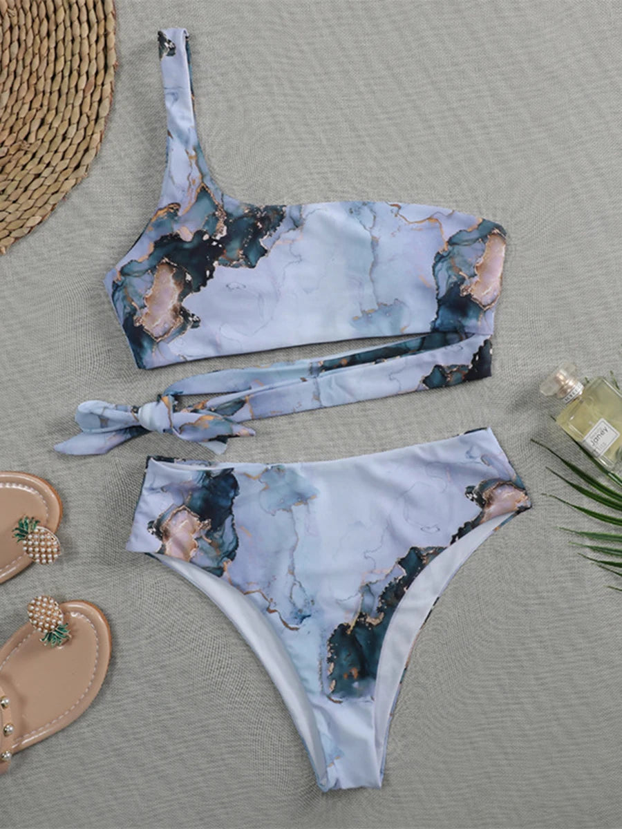 2025 New Push Up Single Shoulder Stripe Women Bikini Set High Cut Printed Bottom Padded Swimwear Summer Beachwear Bathing Suit