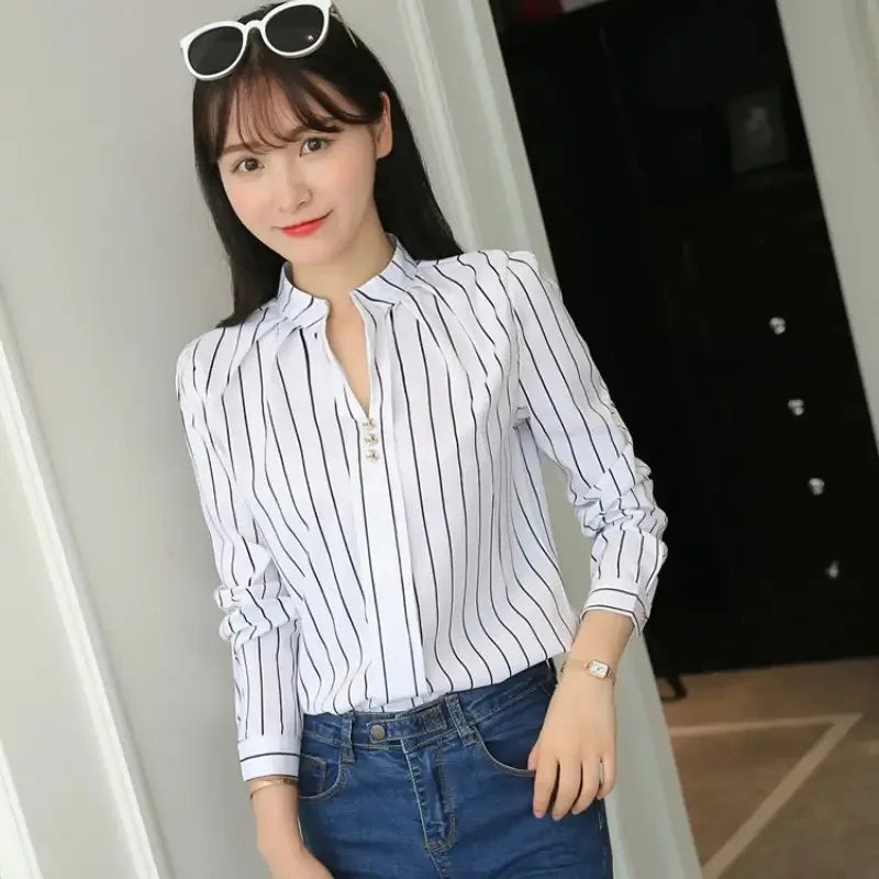 Women's Striped Slim Fit Long Sleeve Blouse — Casual Office Lady Pullover Top | 3 Colors | S–XXXL