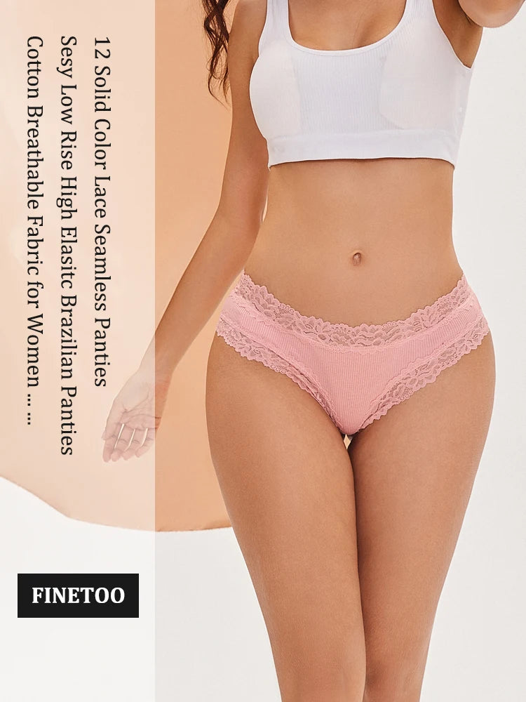 4PCS Seamless Cotton Fabric Panties For Women Sexy Lace Solid Color Brazilian Pants Female Soft Comfortable Bikini Underpants