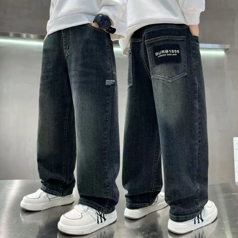 Boys Loose Straight Denim Jeans | Letter Print Kids Pants Ages 4-14