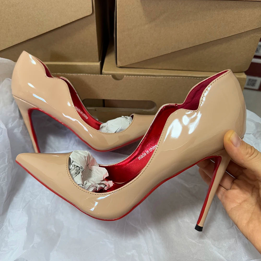 Veowalk Wave Cut Women Pointed Toe Stiletto Pumps Fashion Design Red Inside Slip On 12cm High Heel Shoes Glossy Nude Black White