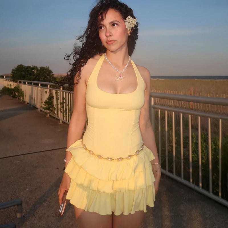 Vacation Halter Mini Dress For Women Solid High Waist Puffy Dress Ruffled Splice Fashion Sexy Slim Dress 2025 Summer New
