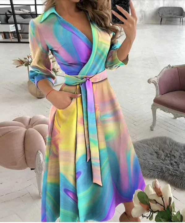 Women's Printed Long Sleeve A-Line Midi Dress — V-Neck Button-Up