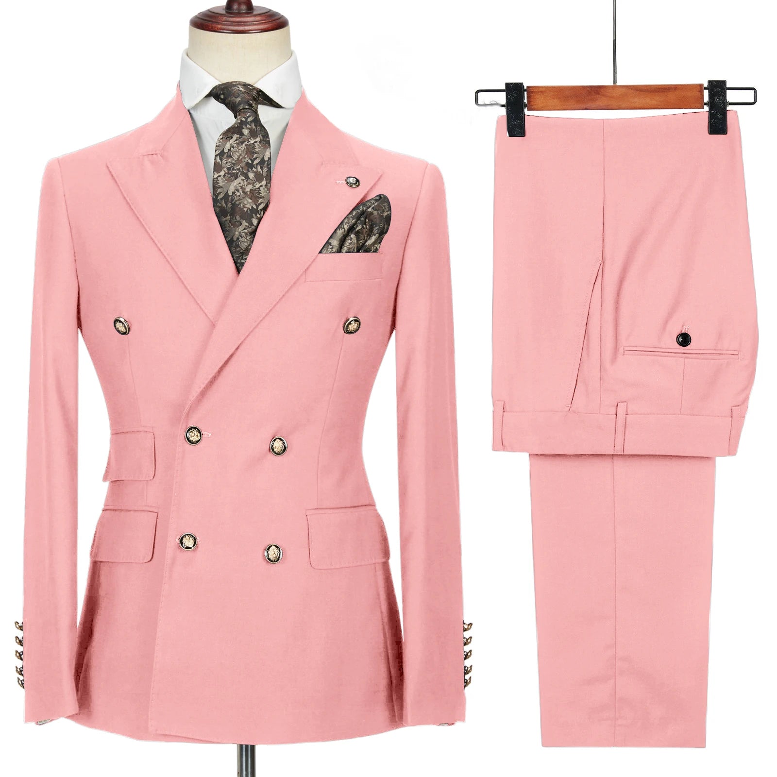 Men's Double-Breasted 2 Piece Suit Set Solid Color Business Casual Wedding Groom Dinner Party Work Jacket