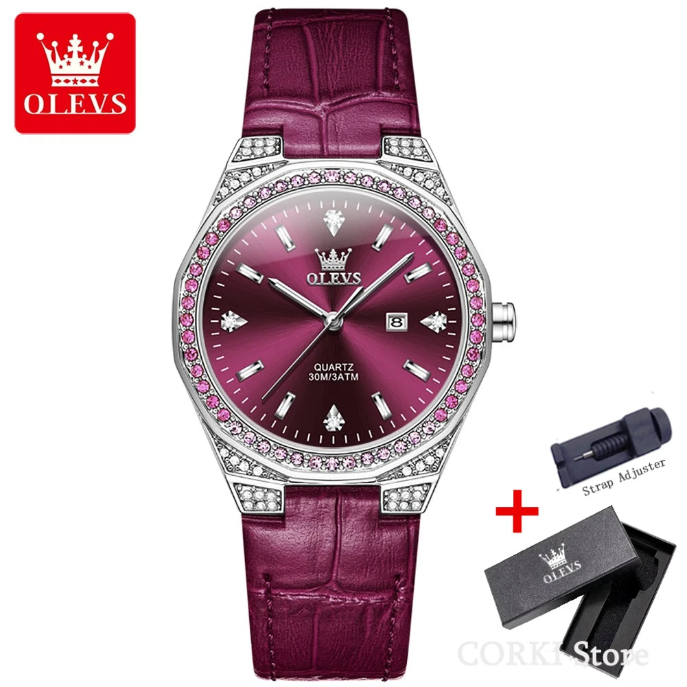 OLEVS 5606 Women's Luxury Diamond Quartz Watch – Leather Strap