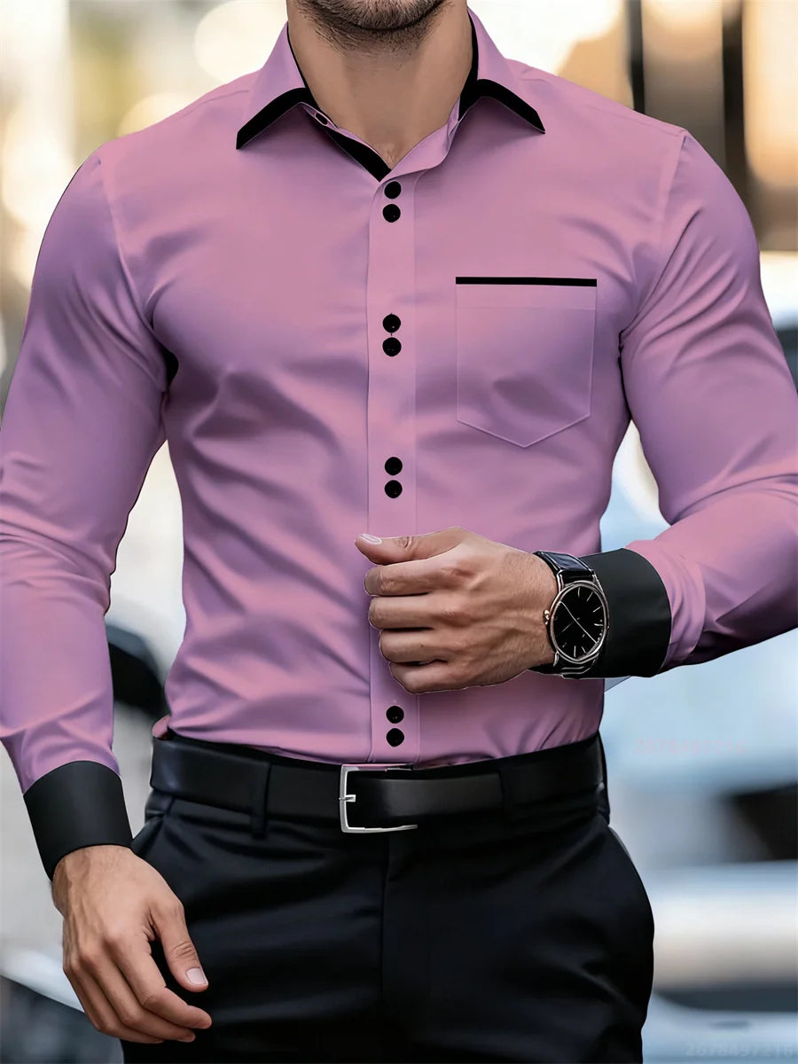 Men's Business Color Block Collar Long Sleeve Shirt, Slim Fit, Wrinkle-Free, Black and White Patchwork Shirt, Men's Fashion Top