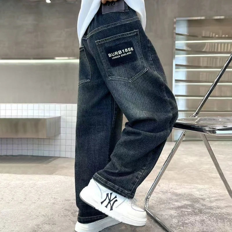 Boys Loose Straight Denim Jeans | Letter Print Kids Pants Ages 4-14